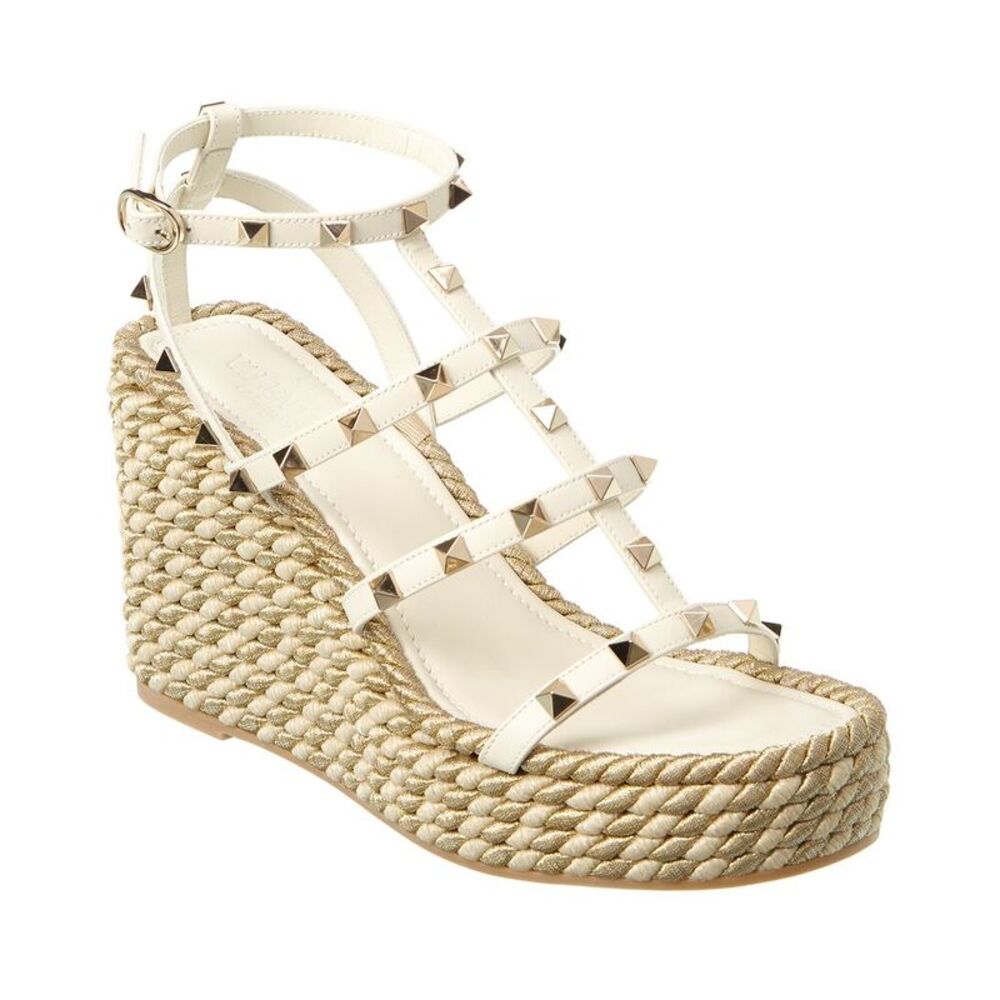 Valentino Rockstud Caged 95 Rope & Leather Wedge Sandal, White